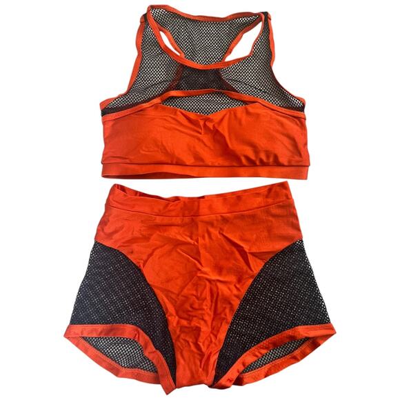 Polerina sheer illusion set orange black fishnet mesh small top medium bottoms - Picture 5 of 9